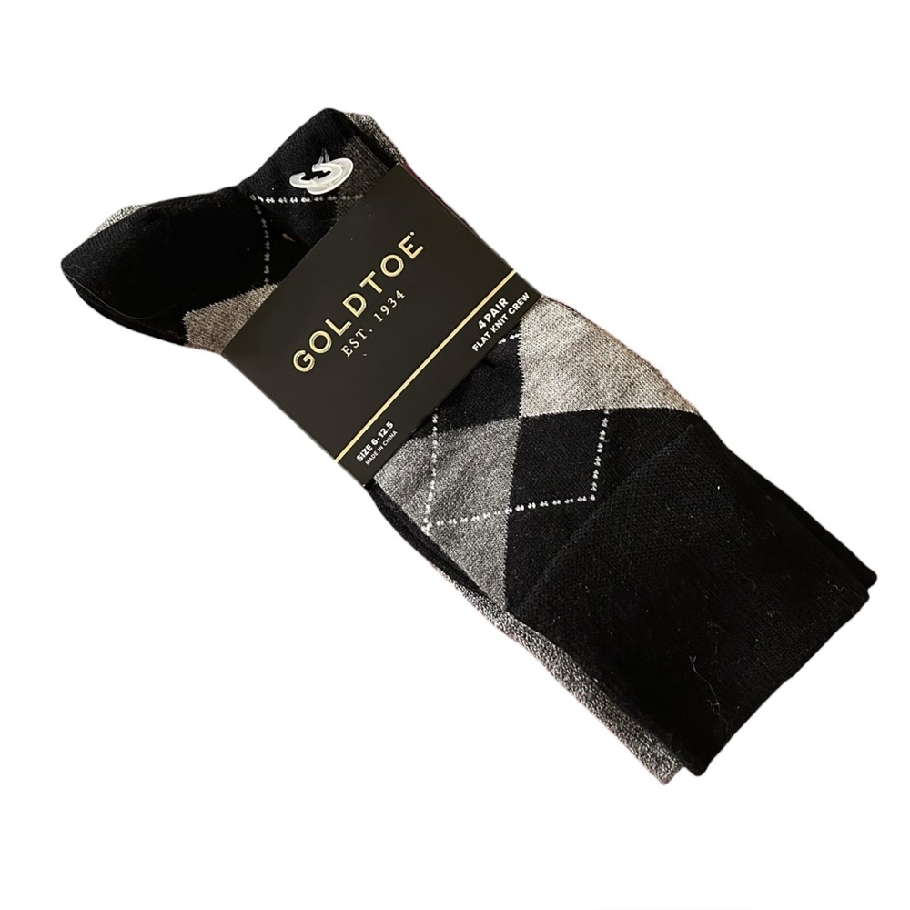 NWT 4 Gold Toe Men’s Flat Knit Crew Socks Black Grey Size 6-12.5 Office Dressy